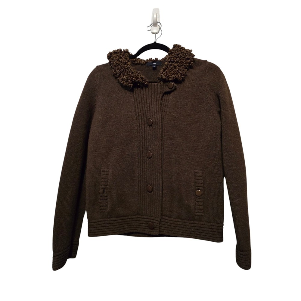 Gap Women Military Style Cardigan MED Boucle Collar Sweater Olive Green Gorpcore